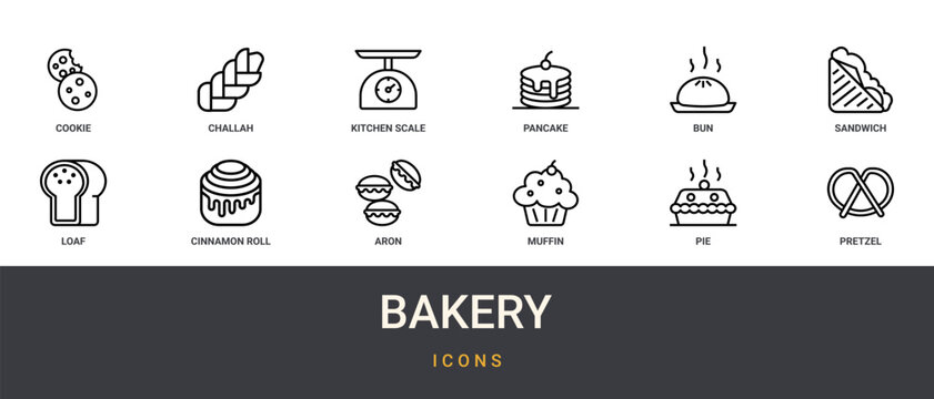 Set of 12 outline web Bakery icons such as pretzel, pie, muffin, aron, cinnamon roll, loaf, sandwich vector icons for report, presentation, diagram, web design, mobile app