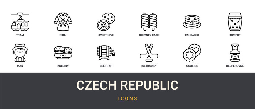 Set of 12 outline web Czech Republic icons such as becherovka, cookies, ice hockey, beer tap, koblihy, man, kompot vector icons for report, presentation, diagram, web design, mobile app