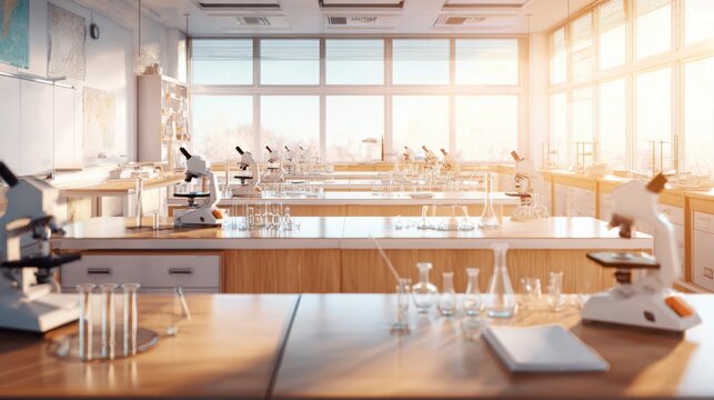 Modern science classroom with clean laboratory benches, microscopes and glassware prepared before students arrive, bright morning sunlight, beginning