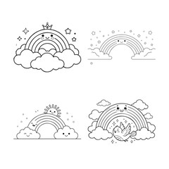Fototapeta premium Cute kawaii rainbow coloring page set for kids featuring a royal crown, starry sky, happy sun, and a cheerful bird