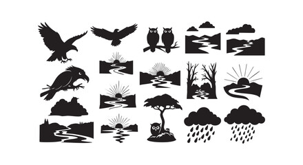 Obraz premium Landscape silhouettes with rivers sunrise trees and rainy clouds featuring eagles and owls in black vector graphics.