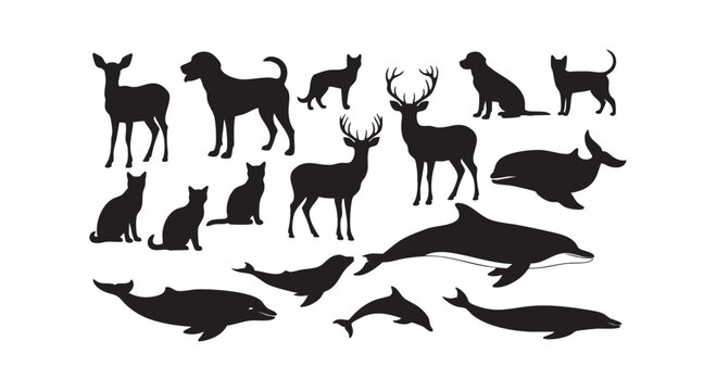 Marine and land animals set including dolphins whales deer dogs and cats isolated silhouettes on white background vector.