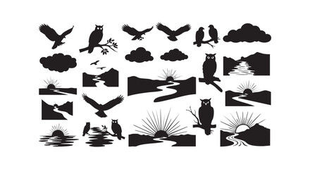 Obraz premium Nature and landscape silhouettes including birds, clouds, rivers, and sunrises on a white background.