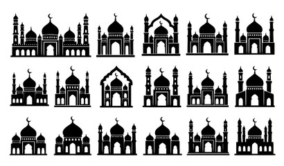 Islamic Mosque Silhouette Icon Set with Traditional Domes, Minarets, Arches, and Crescent Moon Symbols for Ramadan Kareem and Eid Mubarak Graphic Designs © Abdul