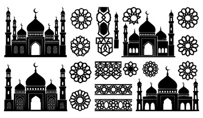 Islamic Mosque Silhouette and Ornament Element Set with Traditional Domes, Minarets, Crescent Moons, Arabic Geometric Mandalas, and Border Patterns for Ramadan Greeting Cards © Abdul