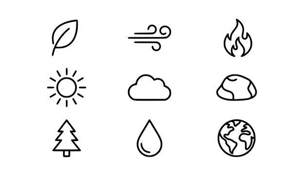 Four Elements Nature and Ecology Line Icon Set with Fire Flame, Water Drop, Wind Breeze, Earth Globe, Sun, Cloud, and Pine Tree Symbols