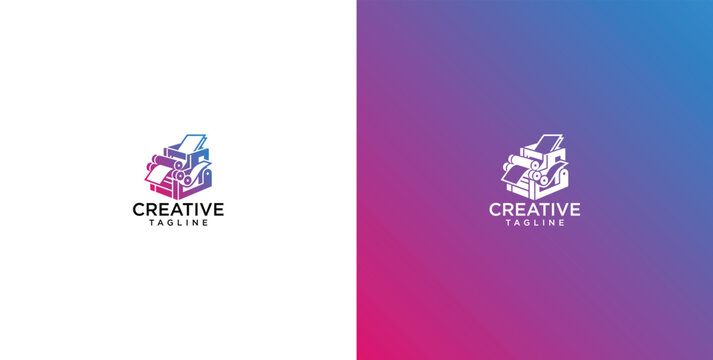 Creative printing technology logo with a futuristic design, incorporating a stylized machine silhouette and vibrant gradient colors, ideal for innovative branding solutions