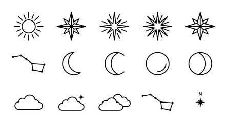 Minimalist celestial line icons set, 15 black outline astronomy symbols, sun moon stars and constellation vector elements for web design © Sajid