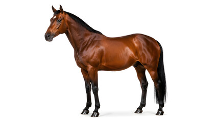 Naklejka premium Realistic Brown Horse Isolated on White Background Full Body Standing Beautiful Chestnut Equine Farm Animal Studio Portrait