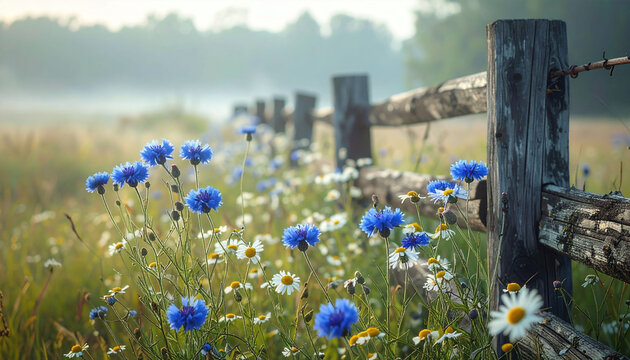 Vibrant blue cornflowers and white daisies bloom by a rustic wooden fence in a misty country meadow at dawn, evoking a serene and nostalgic feeling of morning peace. Nobody is present.