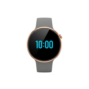 A modern round smartwatch with a rose gold bezel and grey silicone strap displays blue digital time on a white background minimalist design concept