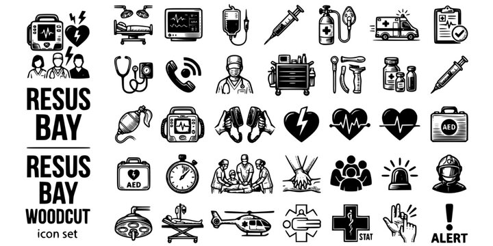 Emergency Resus Bay Woodcut Black White-Cart Defib Team Activate Urgent-Resuscitation Vector-Resus Icon Woodcut-Emergency Medicine Design Set