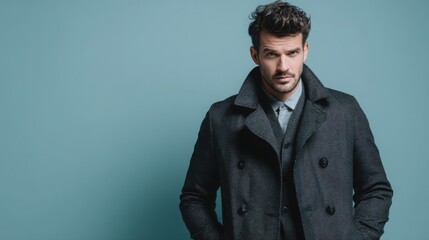 Fototapeta premium Portrait of a confident man wearing a premium graphite raincoat with classic vintage tailoring, pale blue background, modern urban autumn fashion