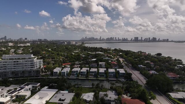 Aerial Drone View of Biscayne Bay and the Downtown Miami Skyline from Miami Beach, Florida on a Sunny Day
