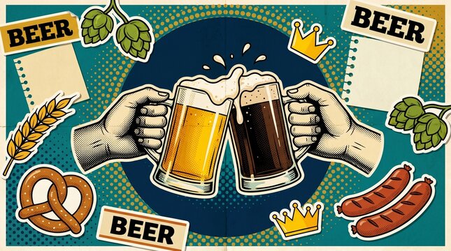 Cheers to oktoberfest two hands clinking frothy beer mugs filled with golden lager and dark stout surrounded by festive german symbols like pretzels sausages hops wheat stalks and a crown evoking