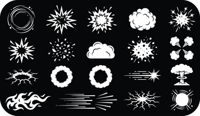 Monochrome collection of action and explosion comic style effect icons with explosion shockwave collection destruction abstract illustration isolated collision vibration impactful © Kanon Islam