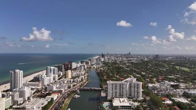 Aerial View of Surfside, Miami Beach with Ocean, Skyline, and Waterway&rdquo;