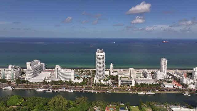 Aerial Drone View Looking East Over Surfside, Miami Beach and the Atlantic Ocean, Florida on a Sunny Day
