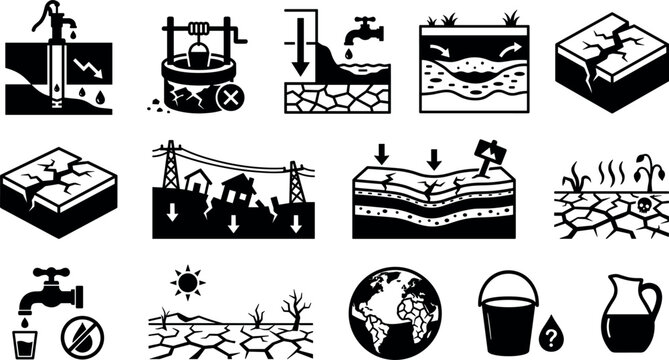 Groundwater Depletion Land Subsidence and Water Scarcity Infographic Vector Icon Set Featuring Dried Up Wells Cracked Earth Arid Drought Landscapes and Empty Buckets