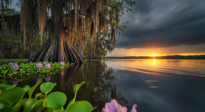 A serene sunset over a southern bayou with cypress trees and water hyacinths.