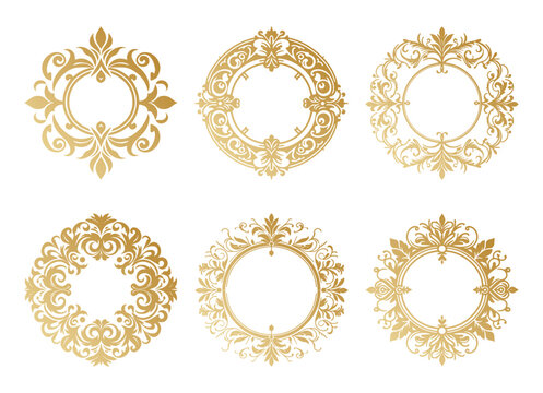 Set of luxury golden round frames with baroque floral ornament elements for wedding invitations and monogram designs