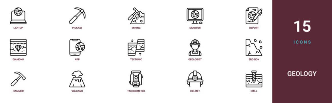 Set of 15 outline web Geology icons such as drill, helmet, tacheometer, volcano, hammer, erosion, geologist vector icons for report, presentation, diagram, web design, mobile app