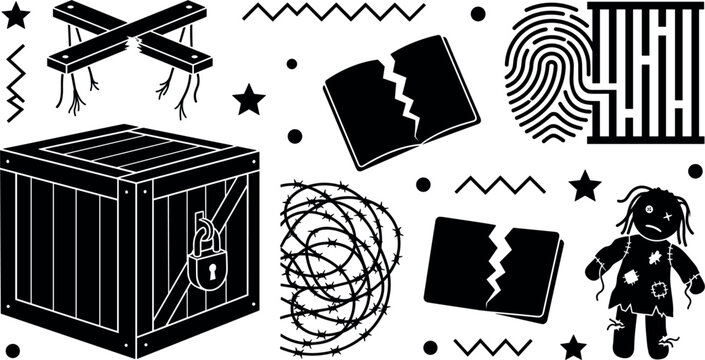 Human Trafficking and Kidnapping Concept Icon Set Featuring Locked Wooden Crate, Barbed Wire, Broken Control Strings, Ripped Doll, and Fingerprint Maze Vectors