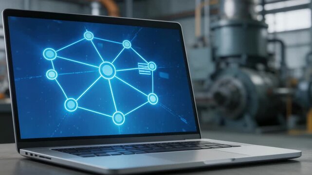 Shot of a laptop screen displaying secured credit data via blockchain for equipment financing focused tokens and contract details with outoffocus industrial machinery in the