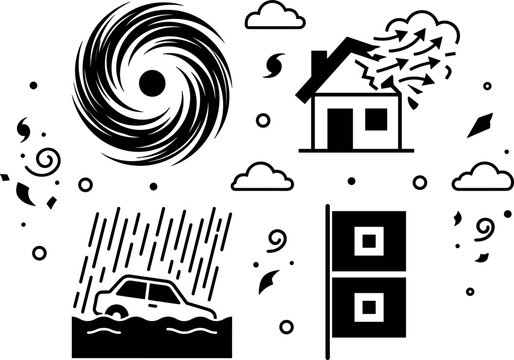 Hurricane and Tropical Storm Natural Disaster Icon Set Featuring Typhoon Vortex, House Roof Destroyed by Wind, Car Submerged in Flood Rain, and Warning Flag Vectors
