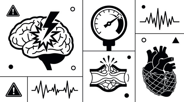 Hypertension and Stroke Risk Medical Icon Set Featuring Brain Lightning Bolt, High Pressure Gauge, Ruptured Blood Vessel, Constricted Heart Network, and Pulse Wave Vectors