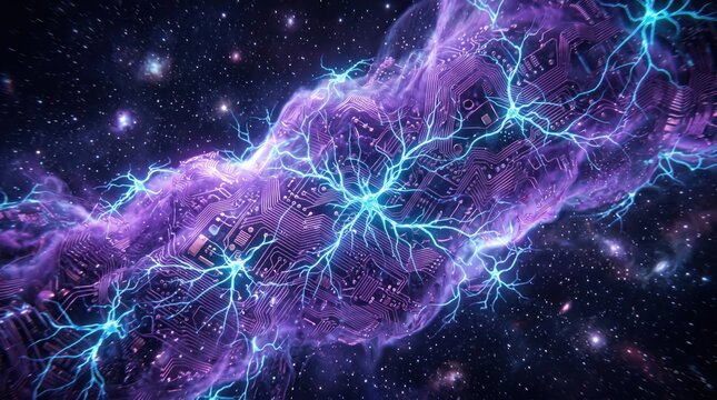 Artificial intelligence neural network with glowing purple circuit board background