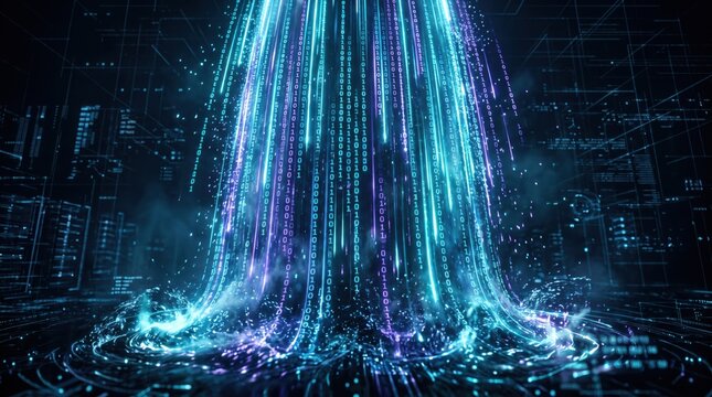 Abstract digital data stream flowing with glowing blue binary code