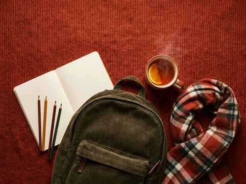 Back to School Flat Lay with Corduroy Backpack and Hot Cider on Burnt Orange Background with Copy Space