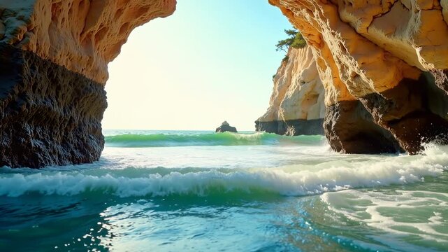 View from inside a rocky sea cave looking out at deep teal ocean water with foaming surf and waves crashing against the stone cliffs under bright sunlight during the day b-roll video footage