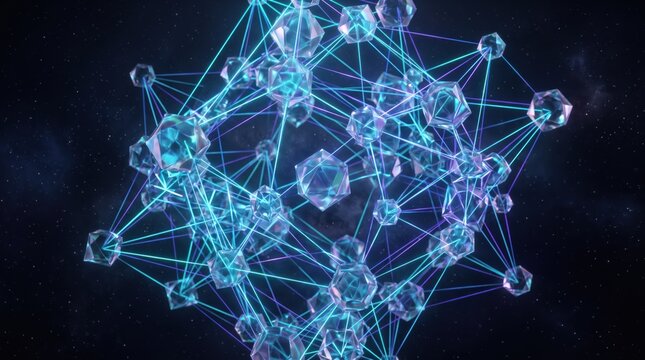 Abstract geometric crystal network structure with glowing blue neon lines