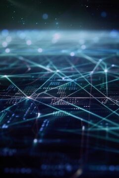 Abstract digital network and data flow background with technology connections and light trails