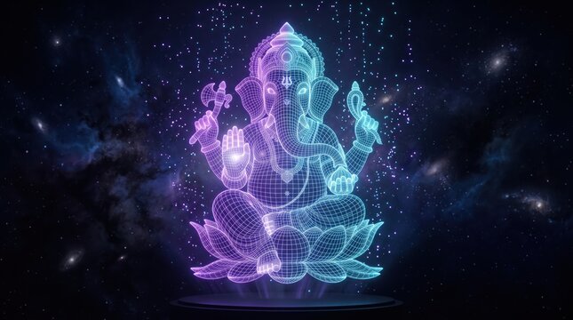 Glowing Ganesha deity wireframe hologram floating in deep space background