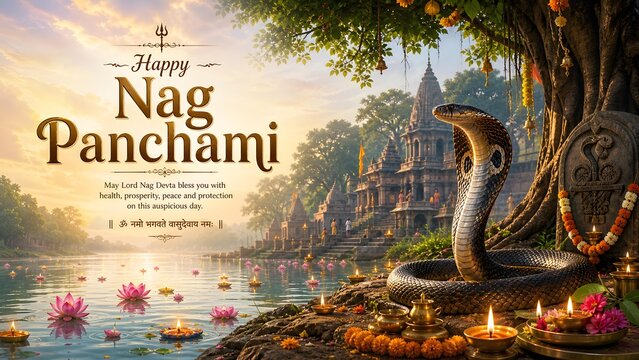 Nag Panchami Poster with Coiled Cobra and Floating Oil Lamps on Sacred Riverbank Template