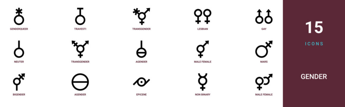 Set of 15 outline web Gender icons such as male female, non binary, epicene, agender, bigender, mars, male female vector icons for report, presentation, diagram, web design, mobile app