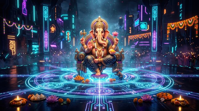 Lord Ganesha idol sitting on throne with futuristic neon lights