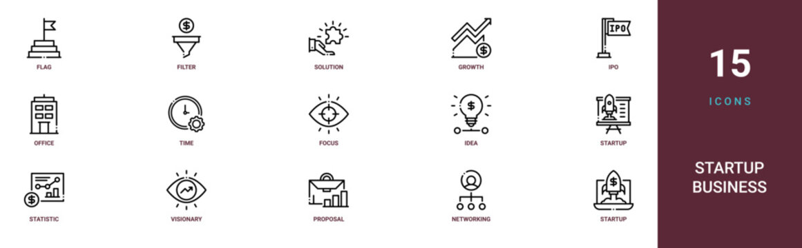 Set of 15 outline web Startup Business icons such as startup, networking, proposal, visionary, statistic, startup, idea vector icons for report, presentation, diagram, web design, mobile app