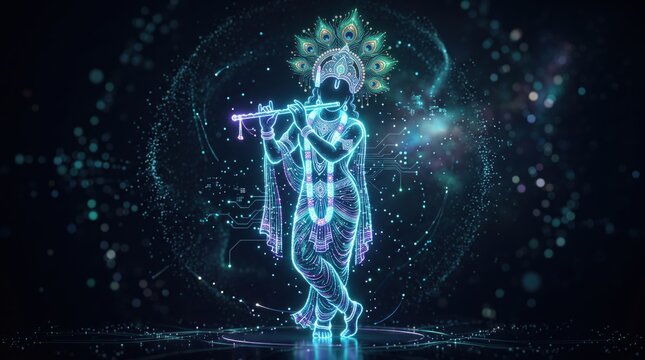 Lord Krishna digital neon illustration playing flute with glowing peacock feathers