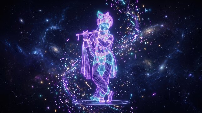 Lord Krishna playing flute as glowing neon wireframe space illustration