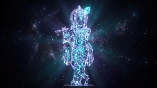 Lord Krishna playing flute with glowing neon light galaxy background
