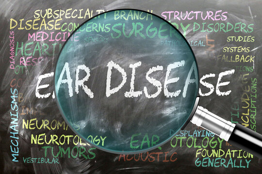 Ear Disease being studied, examined - under close inspection. Most important subjects and ideas closely related to ear disease written on a blackboard inspected by a magnifying glass. ,3d illustration