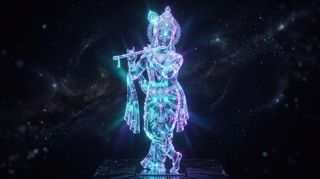 Krishna deity glowing neon hologram playing flute in deep space