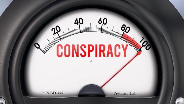 Conspiracy that is hitting a full scale, showing rising levels of conspiracy, possibly overload of it, too much of it. Maximum value, off the charts.  ,3d illustration