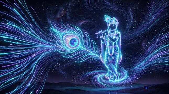 Lord Krishna playing flute with glowing peacock feather digital art