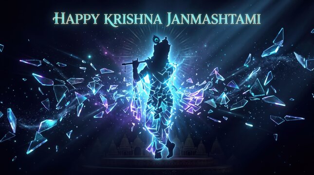 Krishna Janmashtami celebration with glowing blue shattered glass artistic illustration