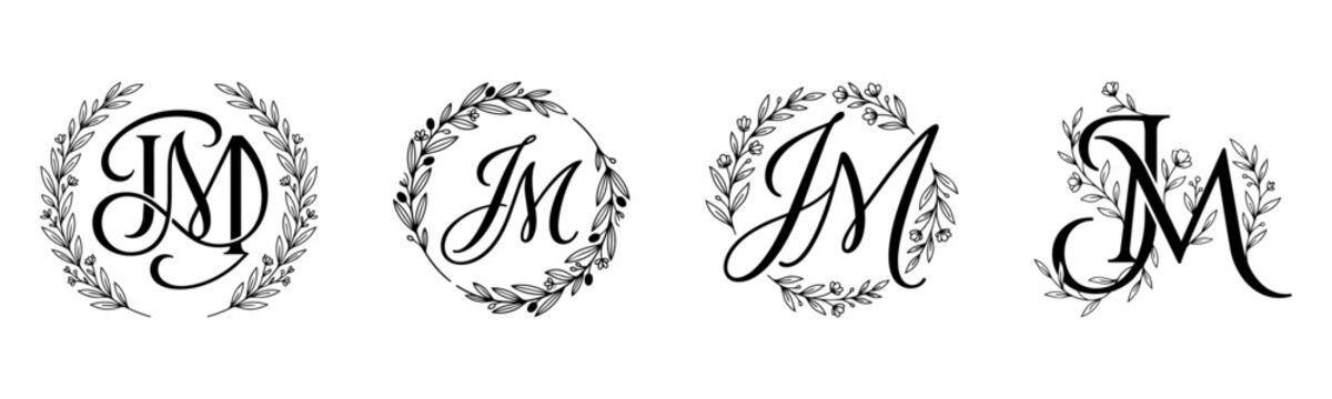 JM Monogram Logo Set with Elegant Floral Wreath and Botanical Initial Letters Vector
